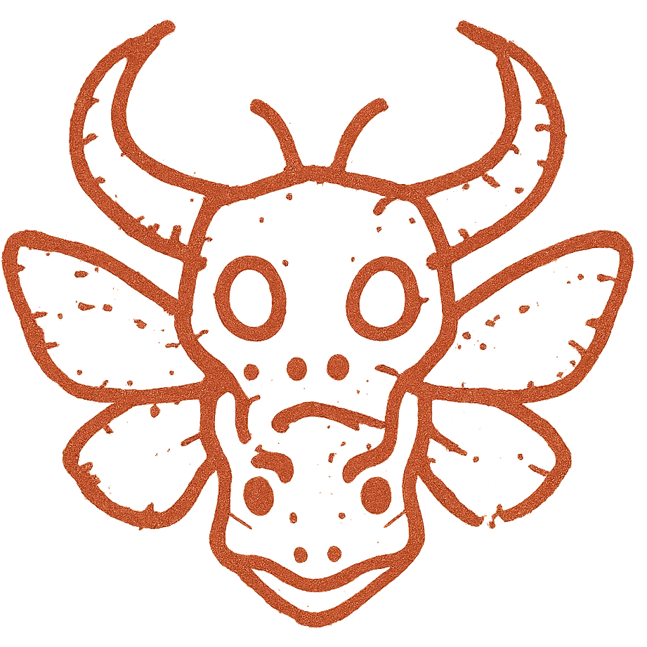 an extremely distressed red line art icon of a hybrid head with minotaur skull, stoat features, frog elements, and moth wings, with severely incomplete perimeter, numerous missing lines around the edges, parts appearing to fade away entirely, extremely weathered with large gaps, torn sections, and heavily eroded appearance, minimal thin red lines only emoji