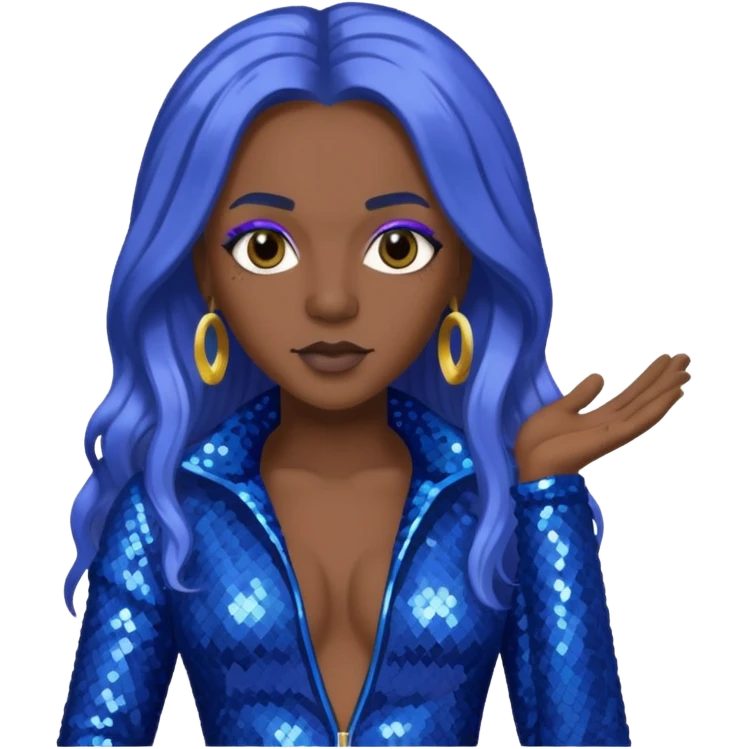 Spice, Dancehall Singer with dark skin, long periwinkle hair, blue sequin outfit emoji