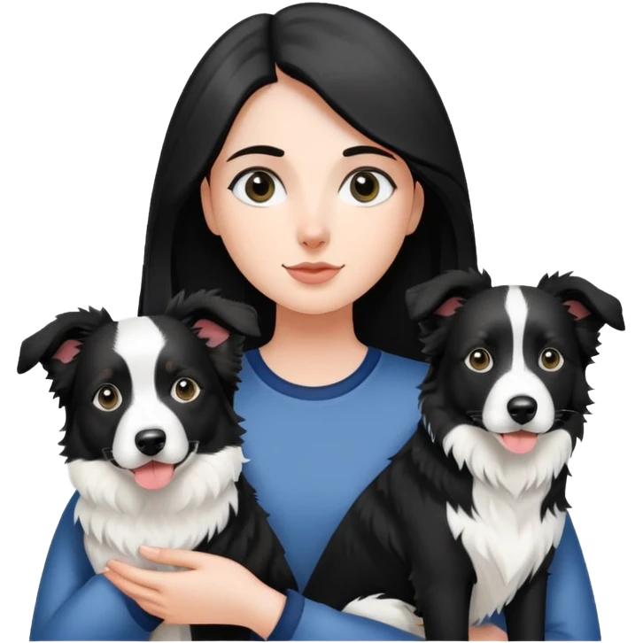 A girl holding two black and white border collies emoji