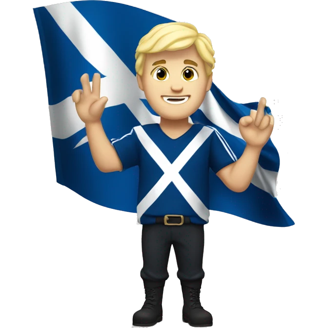 Scottish guy with blonde hair waving hand to say hello with a Scotland flag in the background  emoji