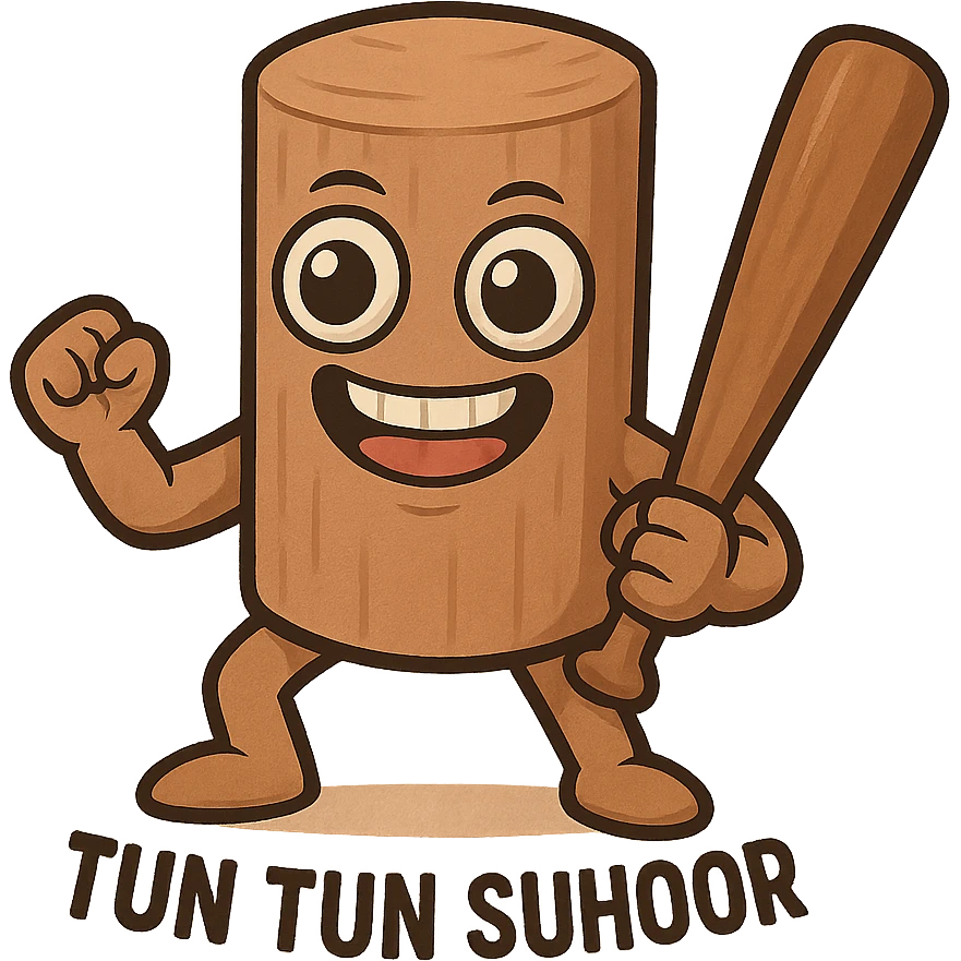 chibi emoji of Tun Tun Suhoor, wooden stick body, matte brown texture, huge cartoon eyes, grinning mouth, human arms and legs, holding a wooden bat, comical and absurd meme, no text emoji