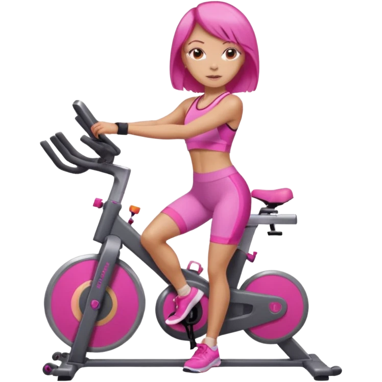 Light tan girl with a brown bob hat style with pink highlights in a pink workout set leaning on a indoor spin bike with NO HELMET,  but add pink hair highlights  emoji