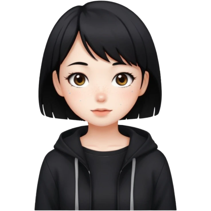 Cute anime girl in dark tones with a blushing face and freckles, with short black hair, and a dark trend style emoji