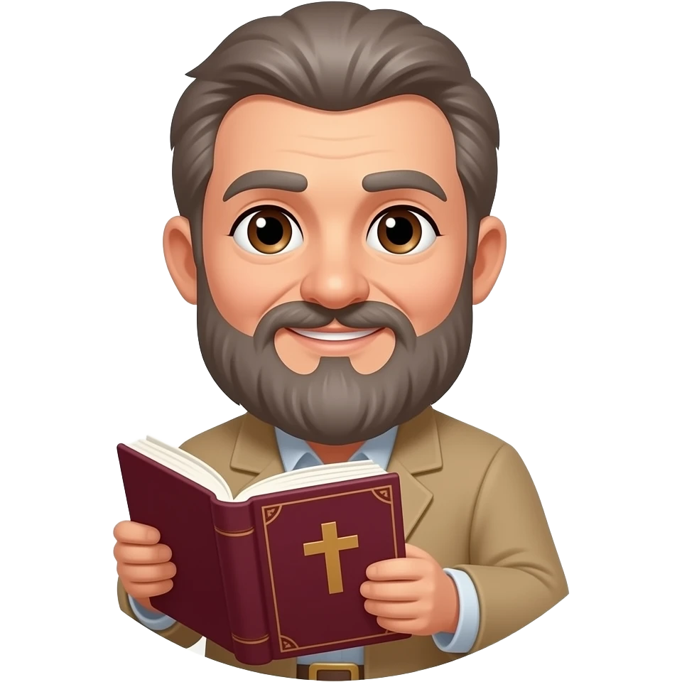 wise old man with grey brown hair slight smile brown eyes beard with burgundy book that has a cross on it no circle emoji