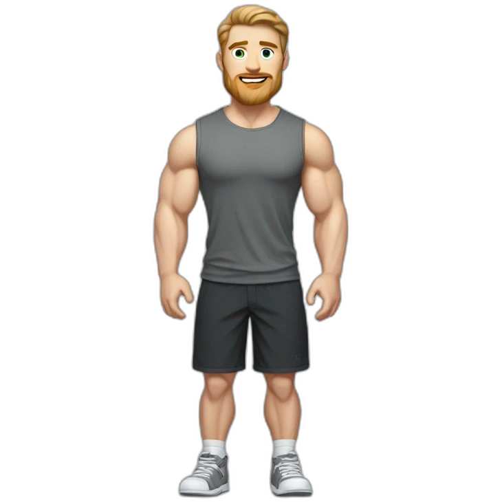 Full height Pale skinned fit man With biceps, Realistic eyes and mouth, light brown hair and stubble In dark gray sleeveless mike, black oversize sports shorts, watch and white sneakers. emoji