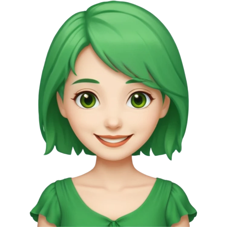 green dress old young lady, green hair. emoji