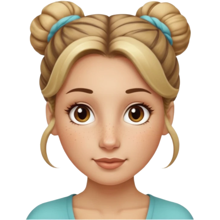 creative women with long dark Blond with highlights semi curly hair white women with hair in a top bun, oval shape face hazel eyes long lashes freckles on the nose high cheek bones emoji