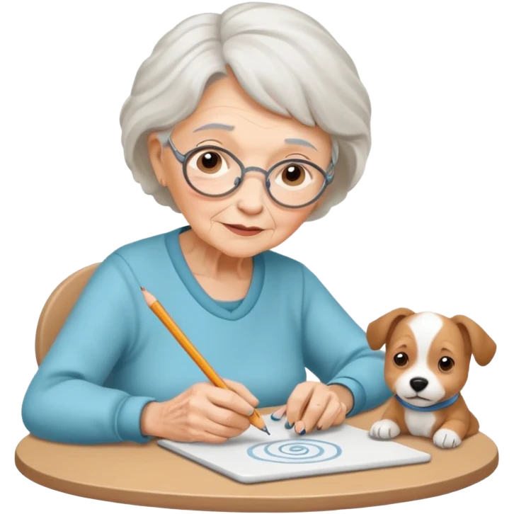 An elderly woman sketching her puppy face on the spiral pad. emoji
