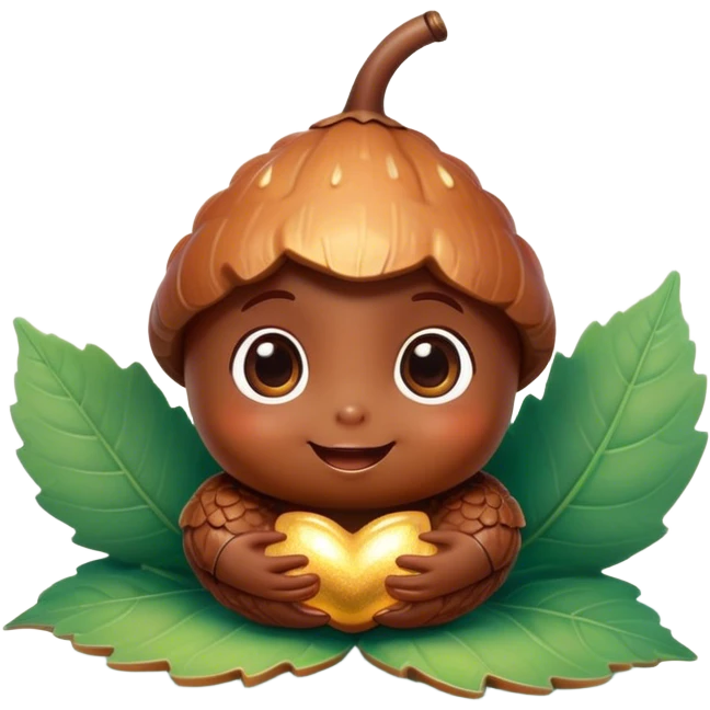 Cinematic tiny happy acorn, glossy brown, soft glowing highlights, tiny adorable face with big sparkly eyes, sitting on a pastel leaf, warm and cheerful. emoji
