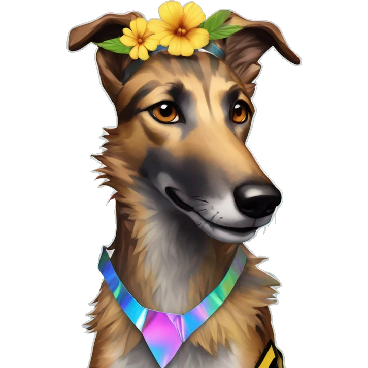  brindle brown black maroon striped lurcher Alsatian fox running blue eyes and iridescent holographic oilslick harness wearing paper iridescent tropical flower crown yellow caution tape emoji