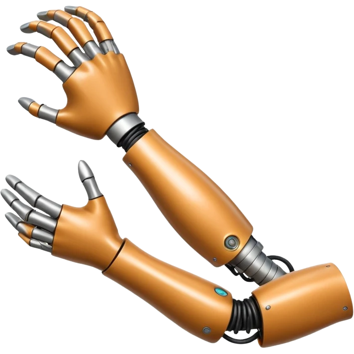 3D render of Bionic Arm, futuristic cyborg aesthetic, fusion of organic skin and chrome metal, polished silver metal arm attached to a tan skin shoulder, exposed wiring, Apple emoji style, isolated on white background --v 6.0. emoji