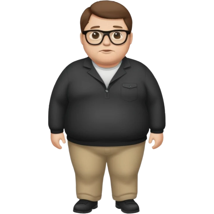 Create a fat emoji full body white man with brown hair and black glasses emoji