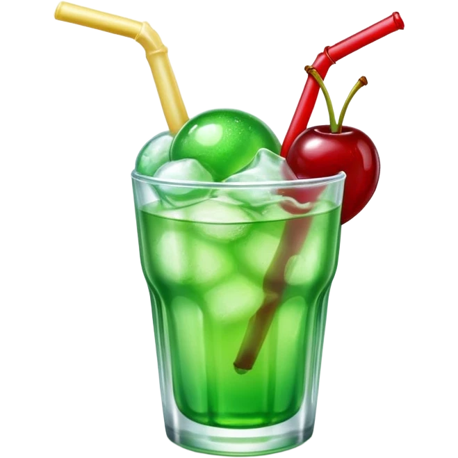 Create an emoji with a very clear rounded glass and ice, bright transparent green soda , a smooth vanilla scoop circle shape, a glossy red cherry, using vibrant colors, soft shading, and clear glass highlights.
 emoji