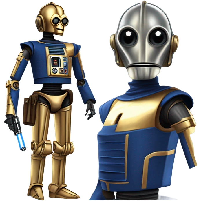 human-sized darkblue-pearl friendly smiling bounty hunter c3po droid wearing leather wild west duster, backpack, saddlebags holding light saber ready to fight but relaxed. steampunk emoji