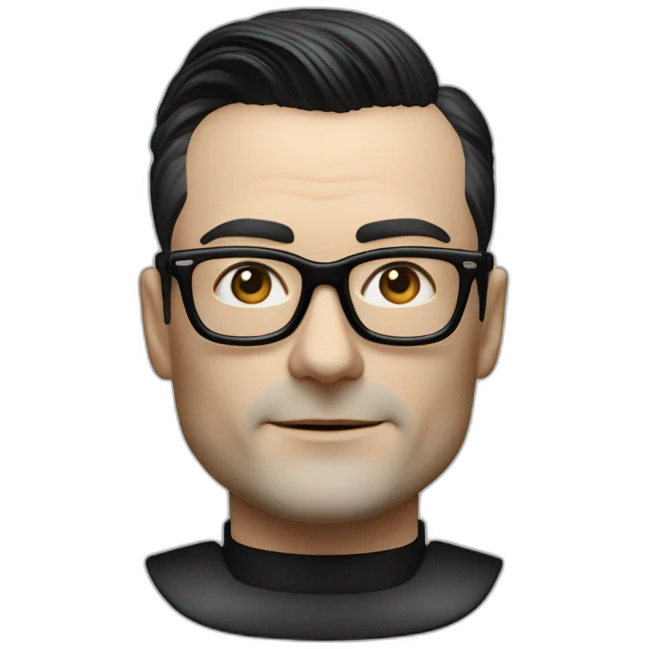 Hyper realistic Ralf Hutter from Kraftwerk, short straight black hair, black glasses, lean, riding open top black tesla model 3 emoji