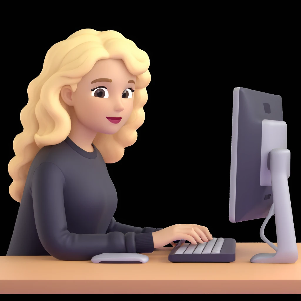 brown-eyed blonde young woman with wavy hair, wearing a black sweater, working on a computer in a cozy office emoji