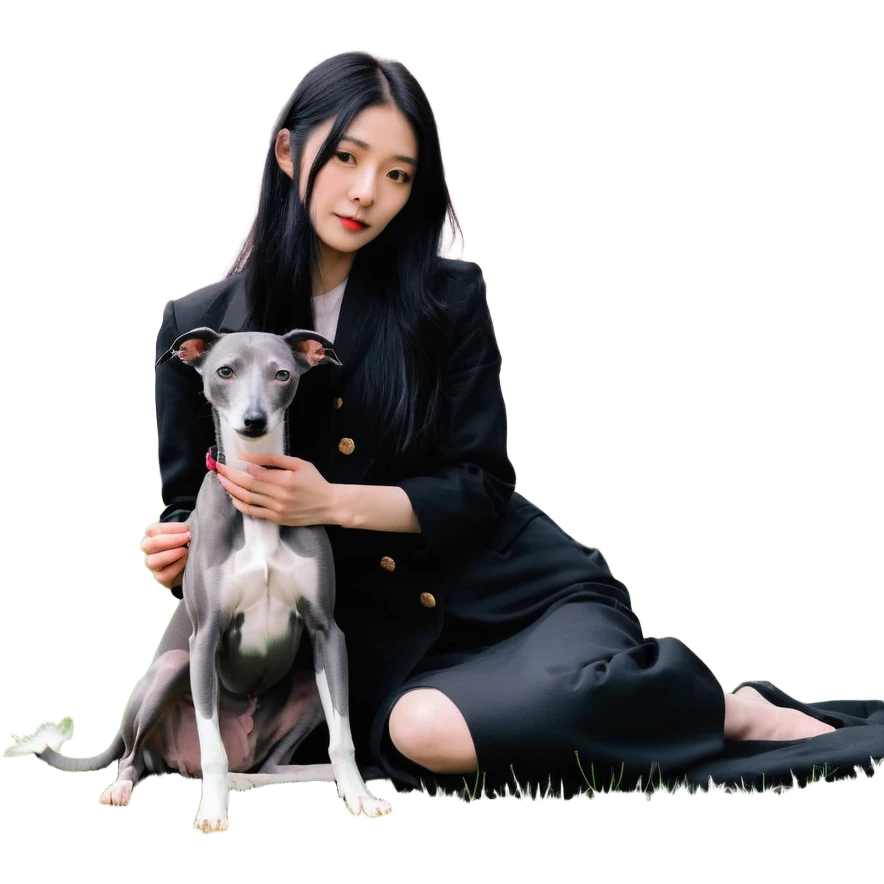 A beautiful 25-year-old Chinese woman with long black hair and a pure dark grey Italian Greyhound with absolutely NO white markings anywhere on its body sitting under a cherry blossom tree. The dog must be completely solid dark grey with no white on muzzle, paws, or chest. emoji