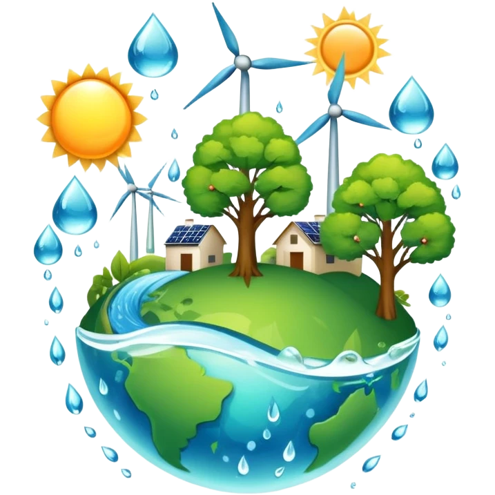 An icon featuring a green Earth, a tree, recycling symbols, and renewable energy sources like wind turbines, solar panels, and hydropower. The design includes animals, water droplets, and the sun, representing ecology, sustainable energy, and environmental protection. Transparent background. emoji