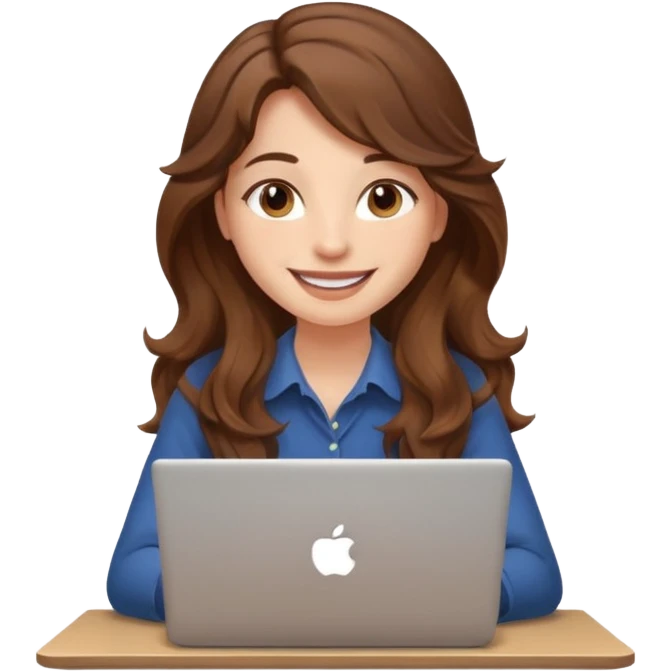 Sitting in front of a laptop in the style of a cute female developer. Not wearing glasses, smiling with long hair waves. Early 20s
 emoji