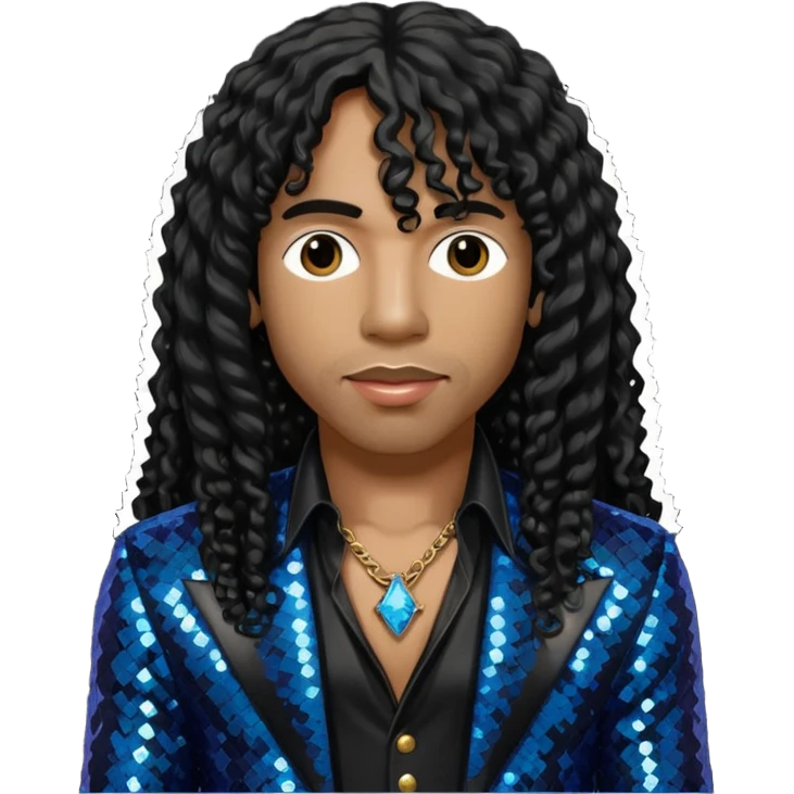 Rick James with long black curly hair, black sequin outfit emoji