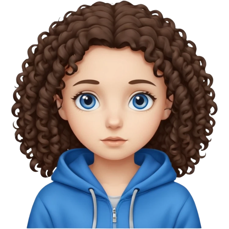 Pretty blue eyed brunette with natural curly hair wearing blue hoodie with big Disney eyes emoji