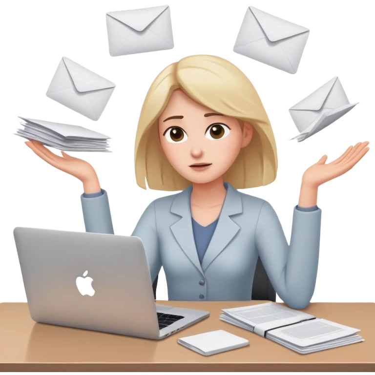 tired woman sitting at a desk with a MacBook, holding her arms out to the side, surrounded by flying papers emoji
