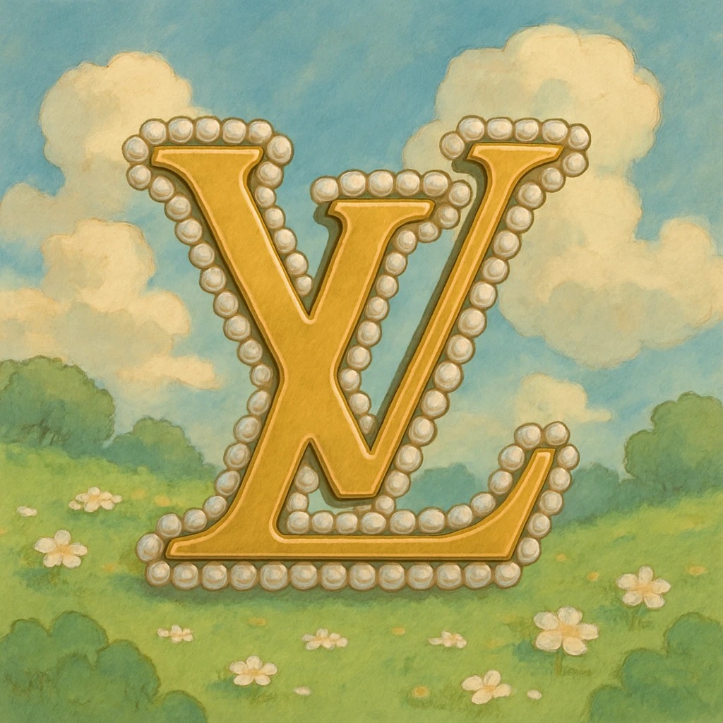 Louis Vuitton LV monogram, metallic gold, pearl border, elegant, ghibli style emoji