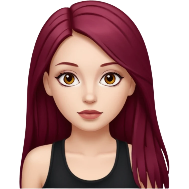 white girl, long straight middle part burgundy hair, brown eyes, long eyelashes, full lips, black tank top emoji