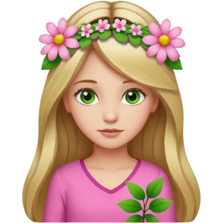 Girl profile picture with long browne and blonde hair and green eyes and a flower in her hair. and a pink outfit emoji