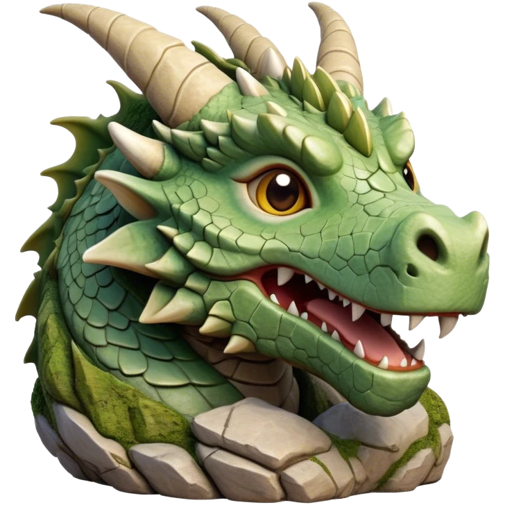 Cinematic Cute Giant Rock Dragon Portrait Emoji, Head tilted playfully and inquisitively, showcasing a robust, stone-carved body with intricately detailed, craggy textures in natural earthen tones accented by soft hints of moss, and a surprisingly gentle, endearing expression; rendered with lifelike clarity and warm, natural light, high shine, mighty yet endearing, styled with a touch of ancient, stony whimsy, soft glowing outline, capturing the essence of a mischievous stone guardian poised to rumble playfully into your embrace! emoji