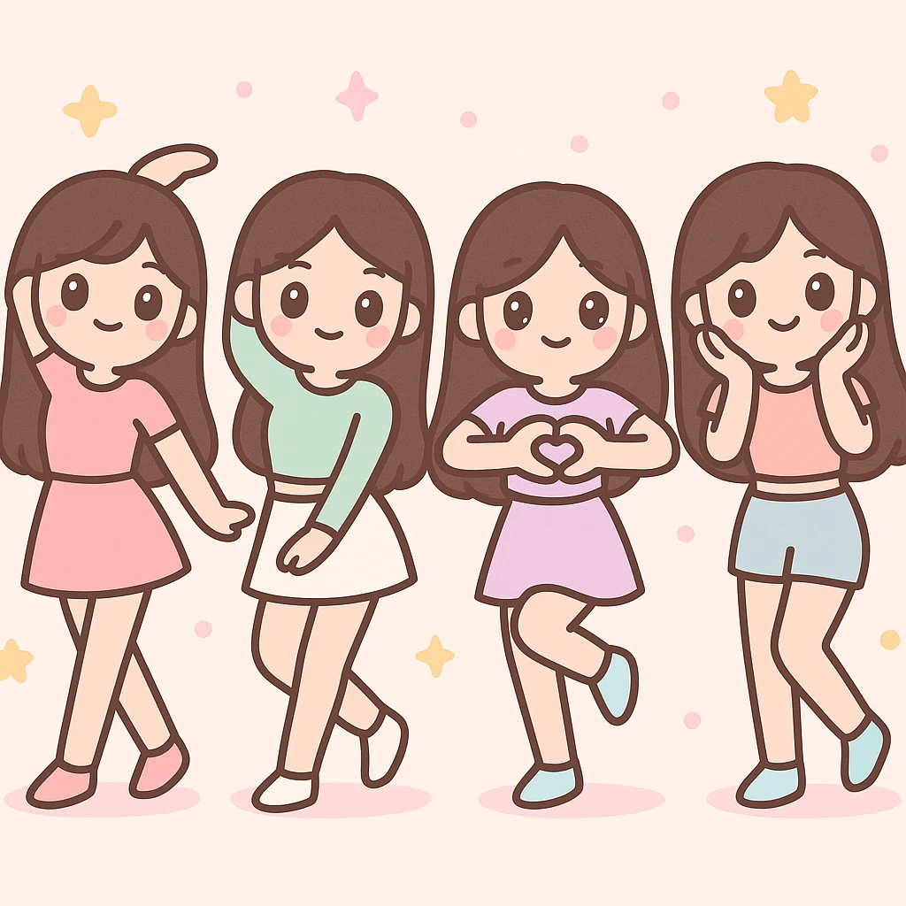 beautiful skinny women with long dark brown hair, kpop girl group at dance practice, pastel outfits, cute dance moves, studio background, kawaii style emoji