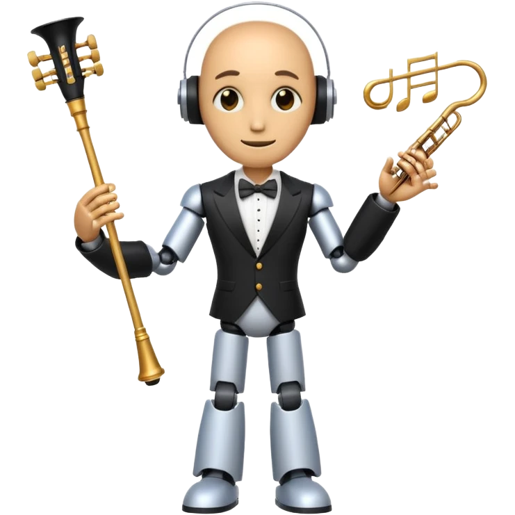 robot a sophisticated and elegant emoji that represents orchestration and arrangement. The design should feature a conductor’s baton, musical notes, and a symphonic score, symbolizing the process of arranging and orchestrating music. Incorporate instruments like a violin, trumpet, emoji