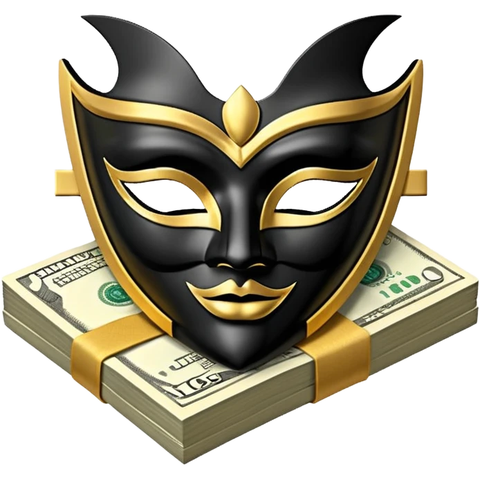 3D isometric icon, a sleek matt black Venetian mask with gold trim, resting on a single large stack of neatly bound US dollar bills, premium design, deep black background. emoji