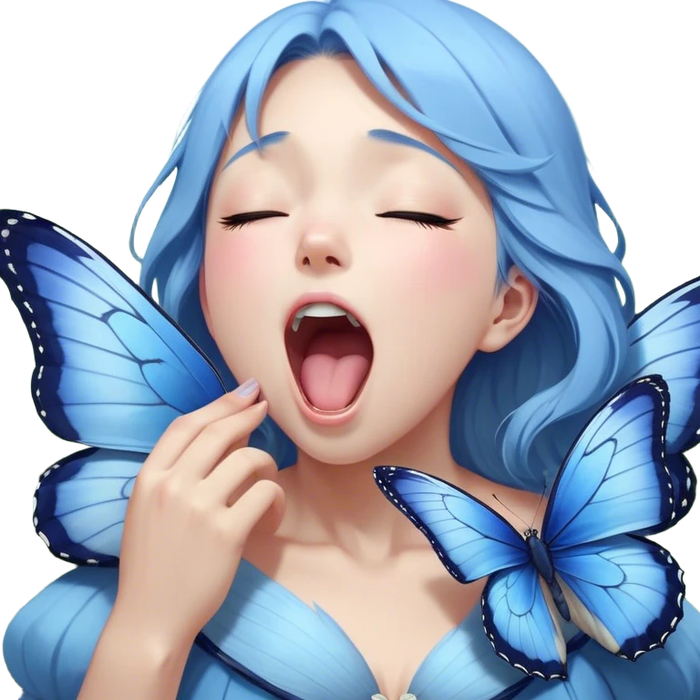 Cinematic Realistic Cute Yawning Blue Butterfly Portrait Emoji, Head tilted slightly with a dramatic, wide-open yawn, showcasing soft, downy sapphire wings with delicate, natural droop and half-closed, drowsy eyes rendered in exquisite detail, high shine, relaxed yet expressive, styled with a dash of subtle garden charm, soft glowing outline, capturing the essence of a sleepy yet affectionate blue butterfly that appears ready to rest its wings in quiet, enchanted slumber! emoji
