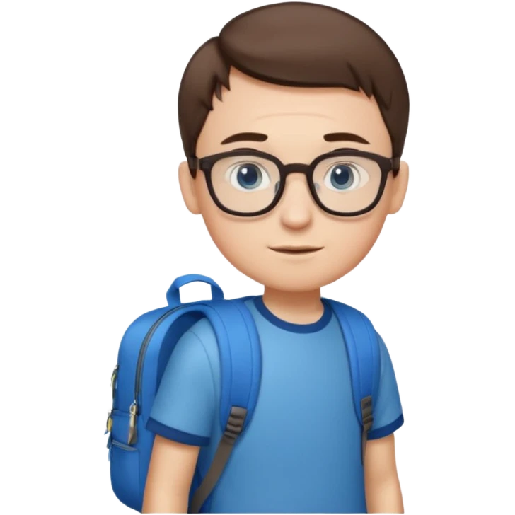 a boy with combover short brown hair and blue eyes, glasses, backpack emoji