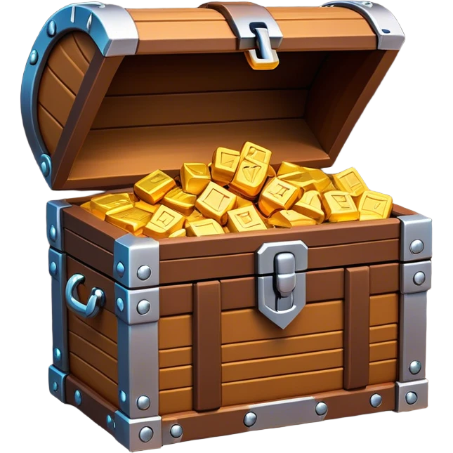 Clash of Clans aesthetic: Cinematic Playful Pixel 3D Treasure Chest Portrait Emoji, rendered in a 3D vector-style similar to standard emojis with minimal shading and bold, simplified shapes. A compact, distinct form with signature details, softly glowing with a pixelated adventure charm. Simplified yet unmistakably iconic, highly detailed and consistent, glowing with a soft radiance and high shine. Stylized with a touch of classic pixel-art charm and a soft glowing outline, capturing the essence of a beloved gaming relic with a friendly, playful manner! emoji