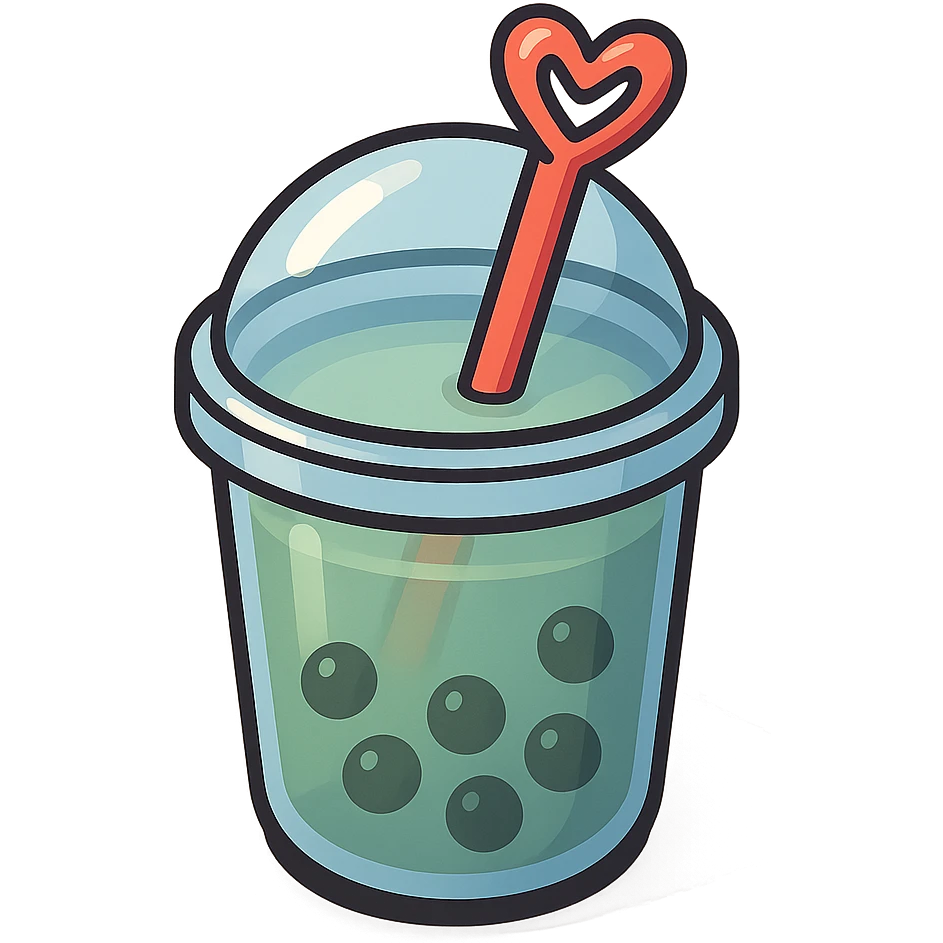 bubble tea cup with a rounded cute lid, blue cup, green drink inside, vector hand-drawn style, clear bold outlines, playful expressive shadows and highlights, matte glass effect, heart-shaped straw emoji