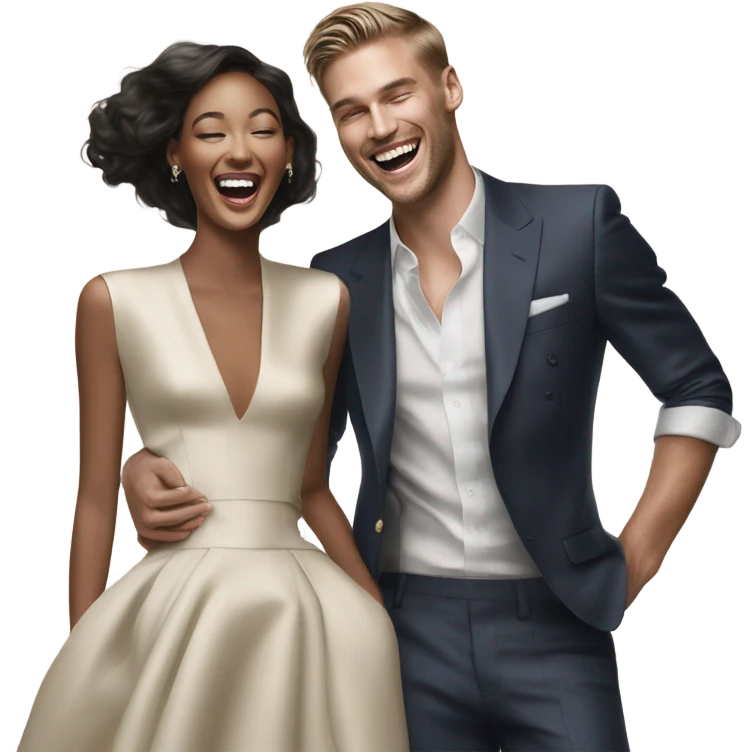 Hyper Realistic beautiful dior model laughing with a handsome male model  emoji