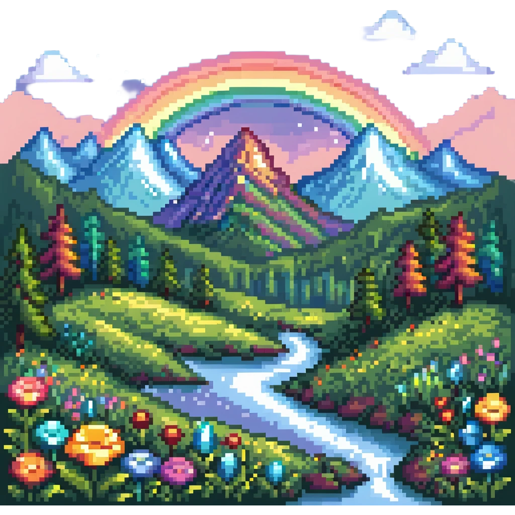 Enchanted meadow with rainbow and crystal mountains emoji