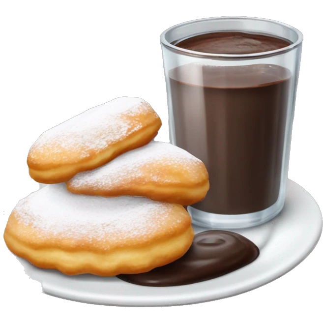 Realistic plate of powdered sugar beignet s with glass cup of chocolate dip on the side isolated. emoji