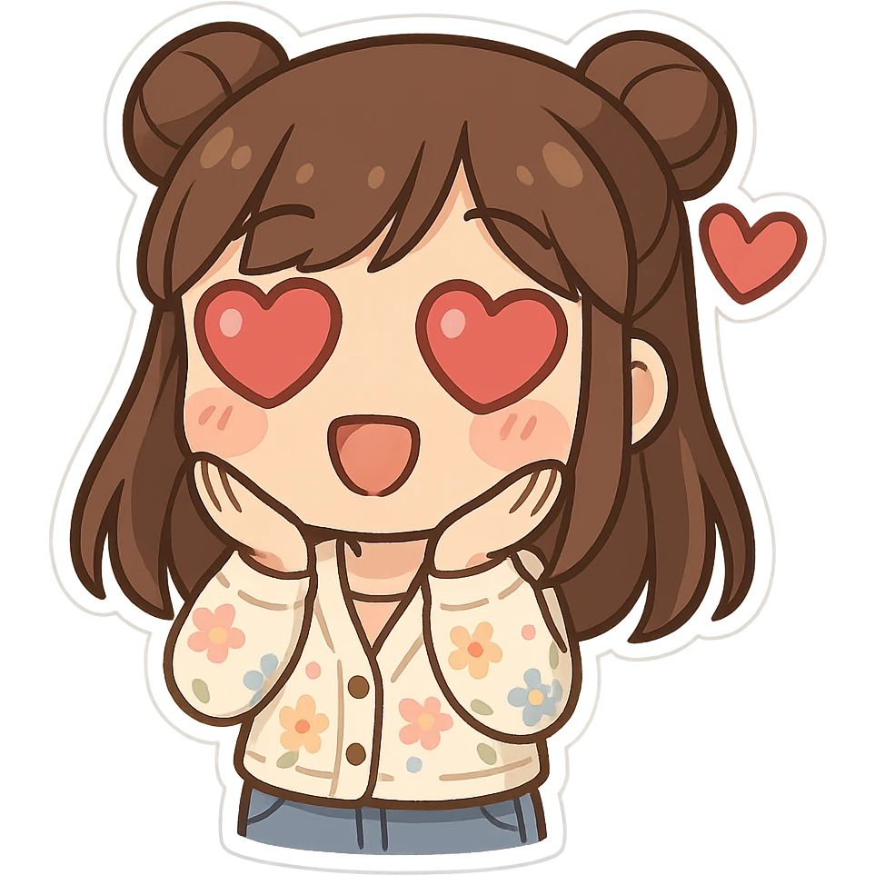 chibi sticker of a girl with brown straight hair in double buns, brown eyes, wearing a pastel floral cardigan and jeans, white outline, in love with heart eyes, transparent background, 512x512px emoji
