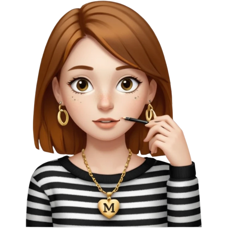 Chica guapa con pecas debajo del labio, pestañas largas con rímel, cejas finas y peludas, pelo marrón medio largo, piercing en la nariz, collar dorado con una "M" y jersey negro de rayas blancas con un hombro descubierto. emoji