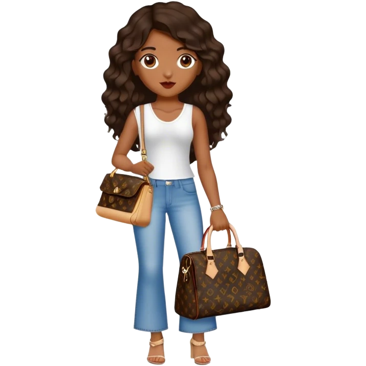  Brown girl with dark brown medium beach wavy hair carrying one Louis Vuitton purse on one arm while standing  emoji