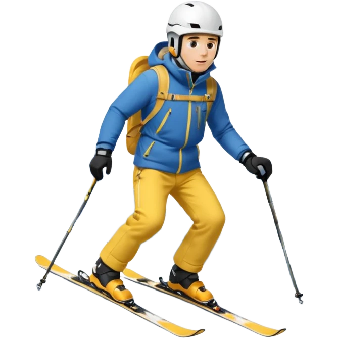 Man, skiing, White helmet, blue Jacket, yellow trousers, background Matterhorn emoji