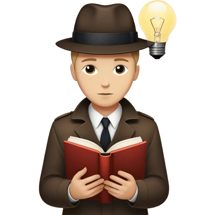  detective reads a book with a bold silhouette of a person on the cover, symbolizing a subject under investigation. The cover’s design is minimalist yet striking, hinting at mystery and deep research. A glowing lightbulb above the detective’s head signifies a moment of realization. emoji