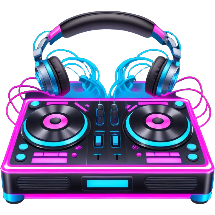 Create a dynamic and modern emoji that represents electronic music and DJing. The design should feature a DJ controller with two vinyl turntables, DJ headphones, and glowing sound waves or a waveform to symbolize the energy of mixing and electronic beats. Use vibrant neon colors like electric blue, neon pink, or green to represent the futuristic and pulsating nature of electronic music. Add subtle details of flashing lights or abstract patterns to evoke the nightclub or festival atmosphere. The background should be transparent. emoji