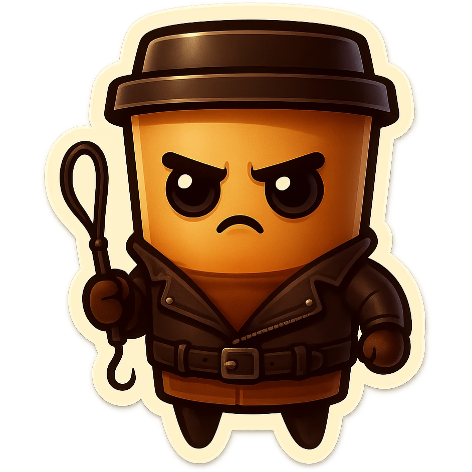 Tall coffee cup, dressed in leather holding a whipping crop, serious expression emoji