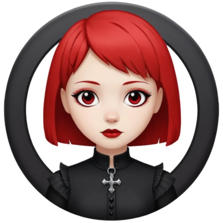 Chica blanca de pelo corto Wolf cut con la parte de abajo del pelo rojo y la cara redondeada ojos negros y ropa gotica  emoji