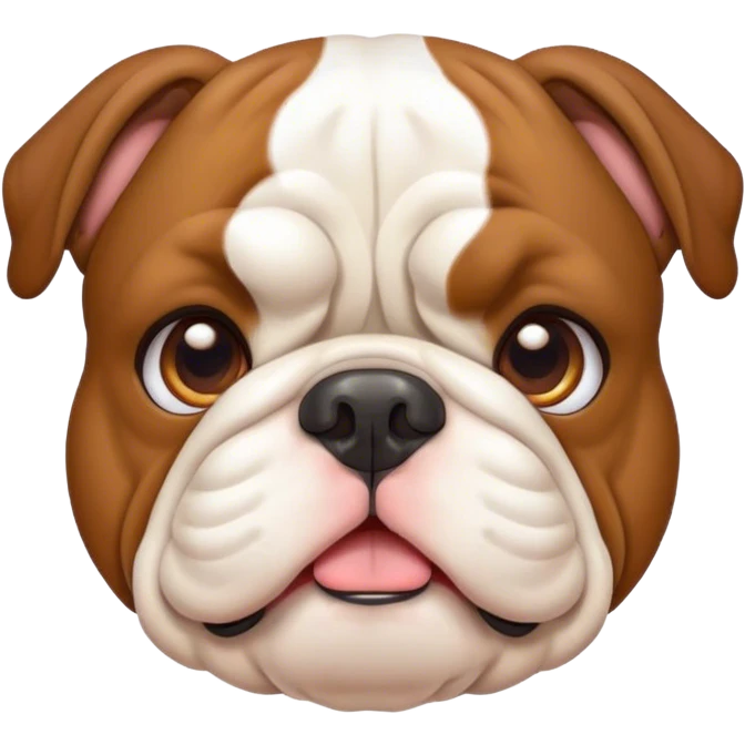 Cinematic Cute Brown and White English Bulldog Portrait Emoji, Head tilted playfully and inquisitively, featuring a glossy brown and white coat with distinct patches, round, sparkling brown eyes filled with curiosity, Simplified yet irresistibly adorable features, highly detailed, glowing with a warm, friendly glow, high shine, affectionate and charming, stylized with a touch of whimsy, bright and endearing, soft glowing outline, capturing the essence of a mischievous yet loving companion, so playful it feels like it could bound out of the screen and into your arms! emoji