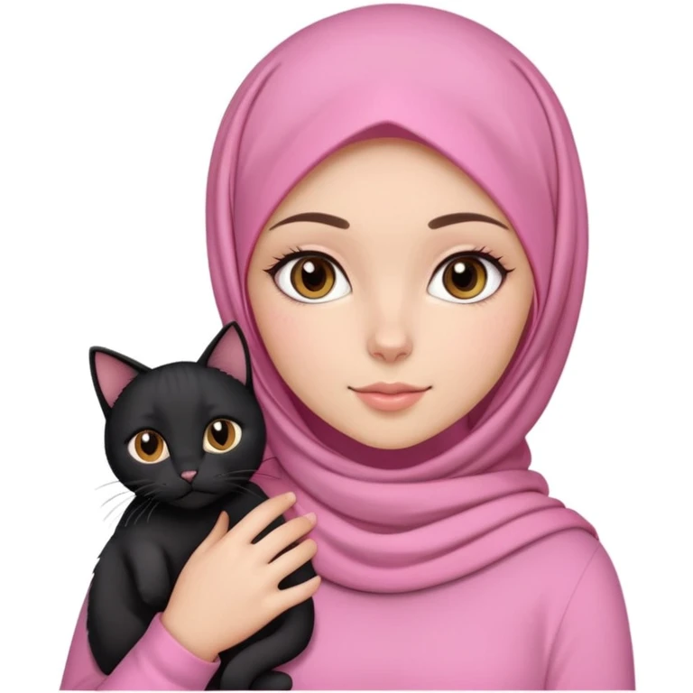 brown eyes white girl with pink hijab and cute long sleeve top holding a black cat emoji